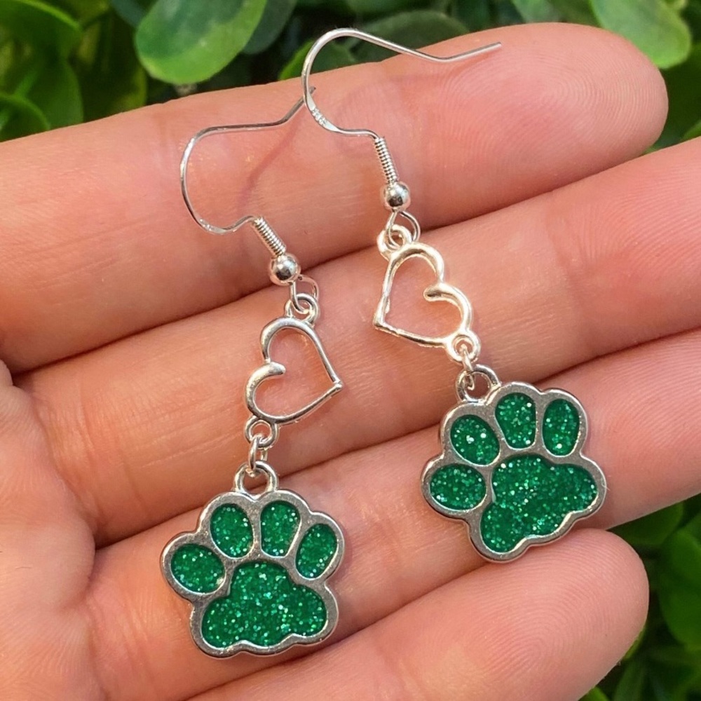 Green Paw Prints & Hearts Earrings